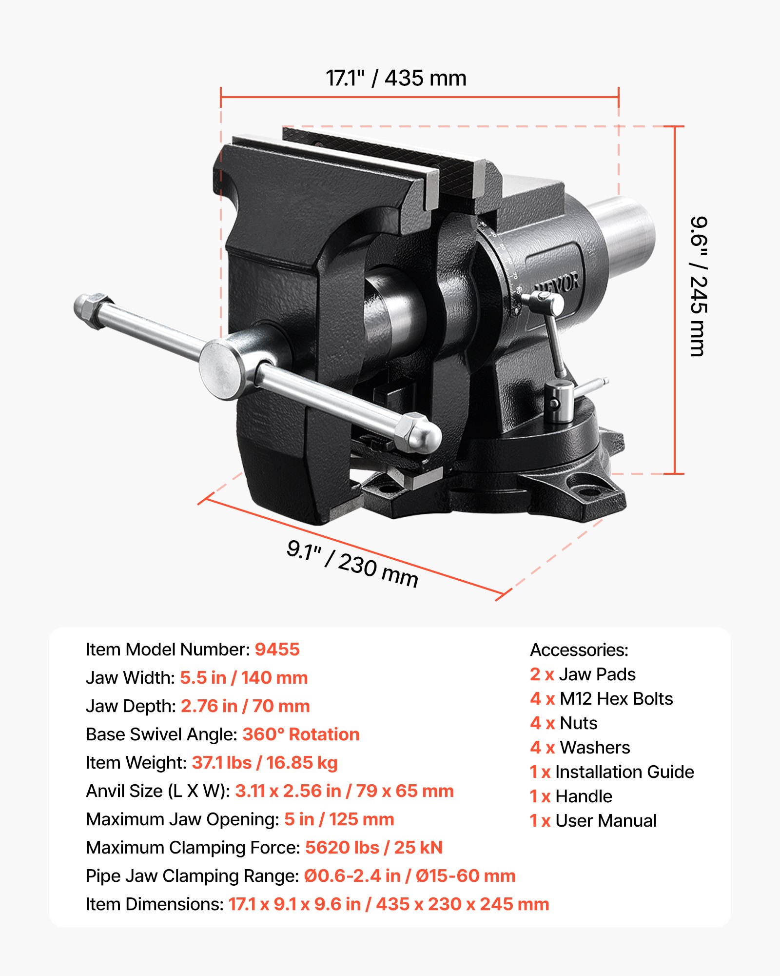 VEVOR Heavy Duty Bench Vise, 5.5" Jaw Width, Double Swivel Rotating Multi-Purpose Bench Vise, with 360° Locking Swivel Base and Head, 2.76" Throat Depth, 5" Max Jaw Opening, for Drilling Pipe Cutting