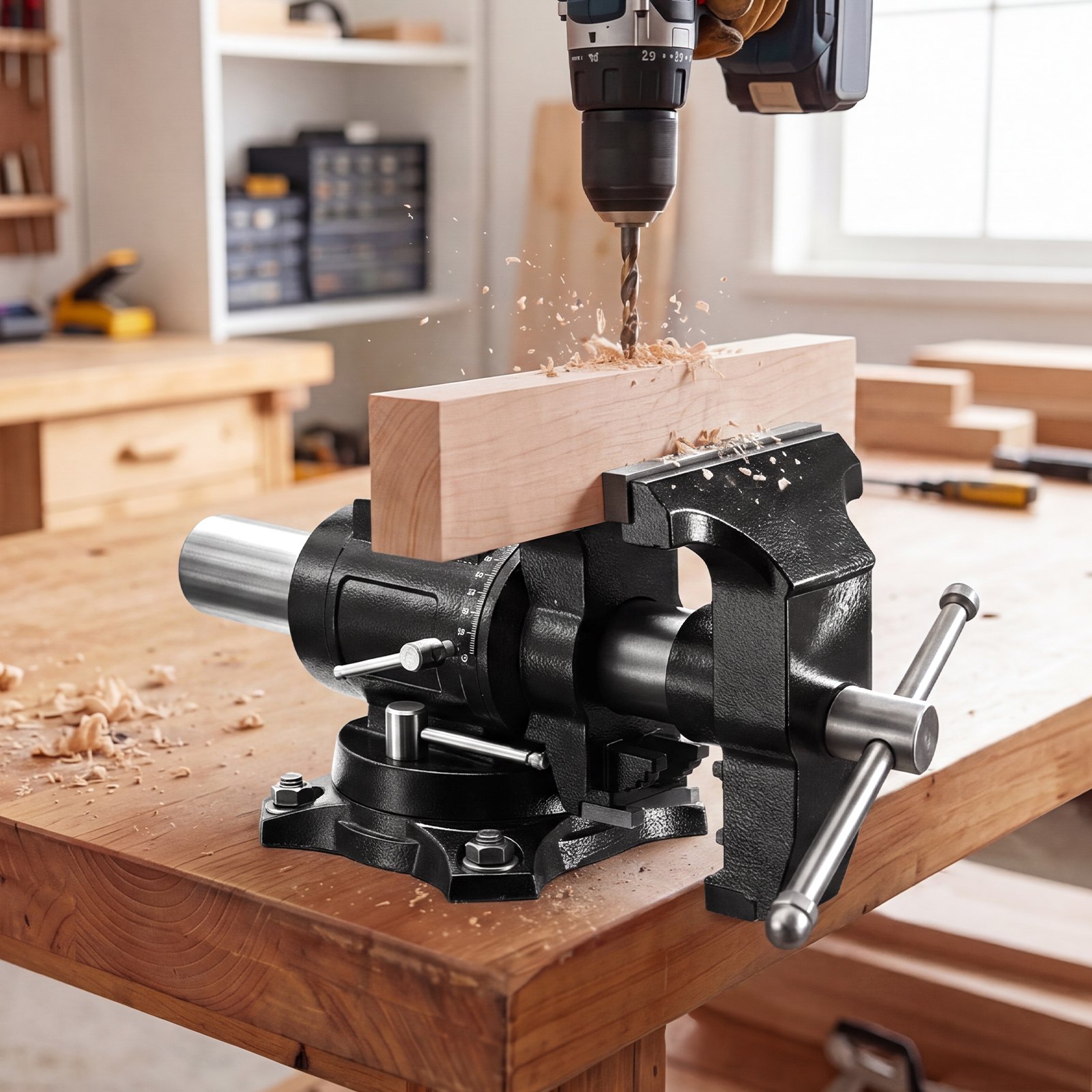 VEVOR Heavy Duty Bench Vise, 5.5" Jaw Width, Double Swivel Rotating Multi-Purpose Bench Vise, with 360° Locking Swivel Base and Head, 2.76" Throat Depth, 5" Max Jaw Opening, for Drilling Pipe Cutting