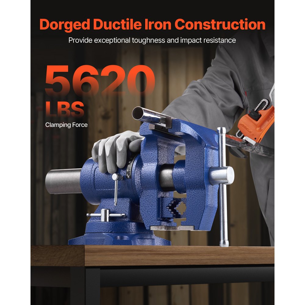 VEVOR Heavy Duty Bench Vise, 165 mm Jaw Width, 125 mm Max Jaw Opening Multi-Purpose Ductile Iron Bench Vise with Anvil, 360° Swivel Base Head, 75 mm Throat, 5620 lbs Clamp Force, for Pipe Repairing