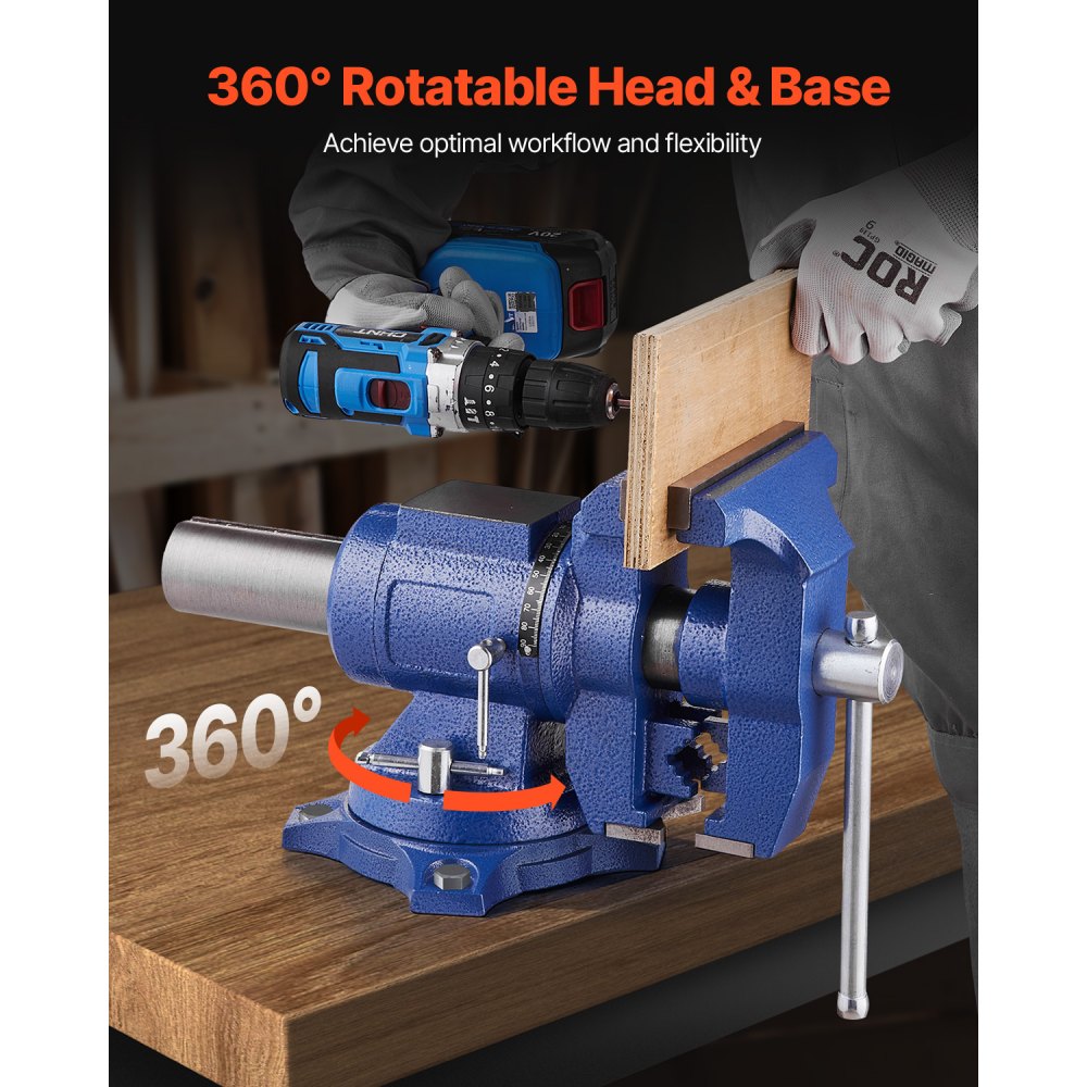 VEVOR Heavy Duty Bench Vise, 165 mm Jaw Width, 125 mm Max Jaw Opening Multi-Purpose Ductile Iron Bench Vise with Anvil, 360° Swivel Base Head, 75 mm Throat, 5620 lbs Clamp Force, for Pipe Repairing
