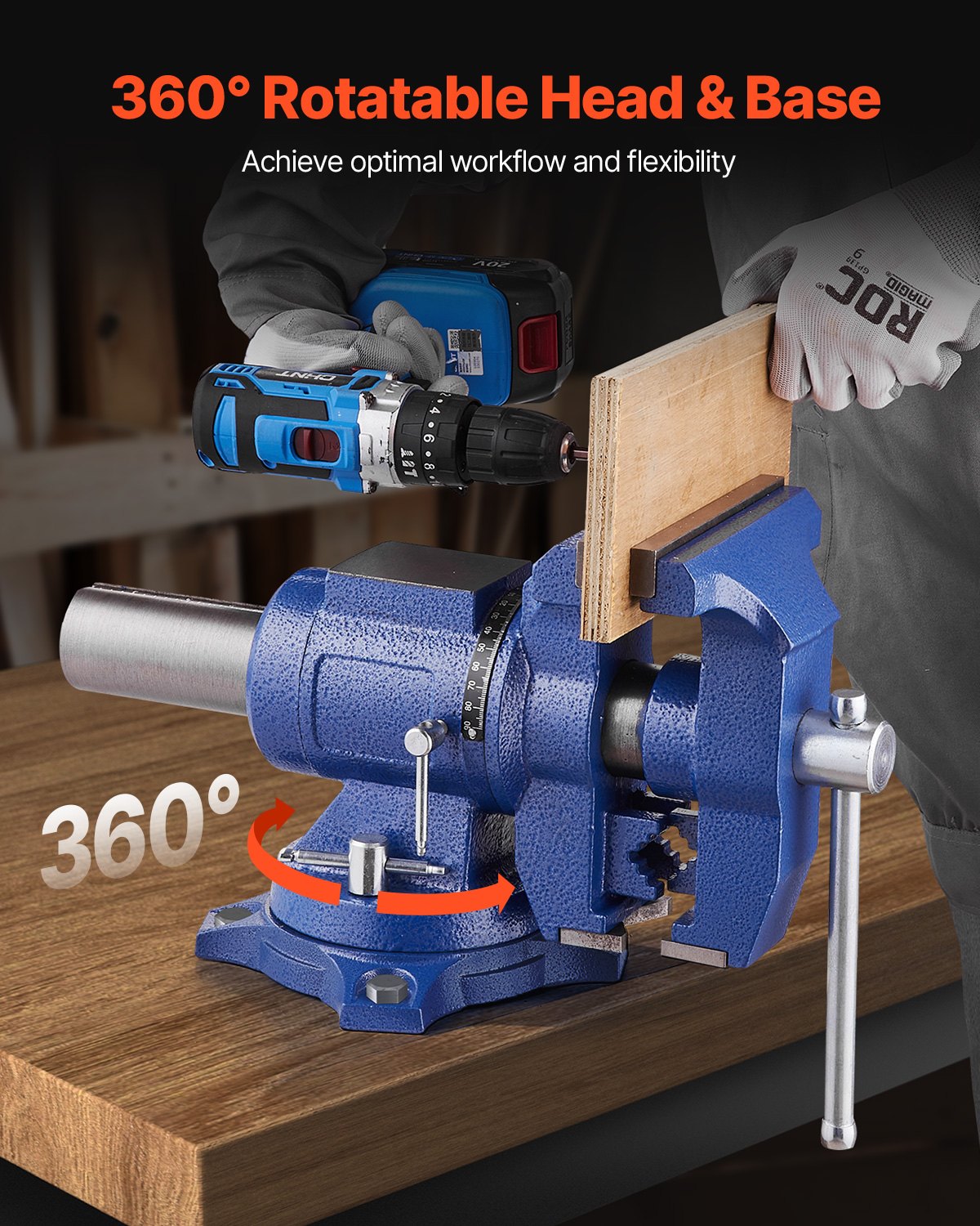 VEVOR Heavy Duty Bench Vise, 6-1/2" Jaw Width, 5" Max Jaw Opening Multi-Purpose Ductile Iron Bench Vise with Anvil, 360° Swivel Base Head, 3" Throat, 5620 lbs Clamp Force, for Pipe Repairing Metalworking