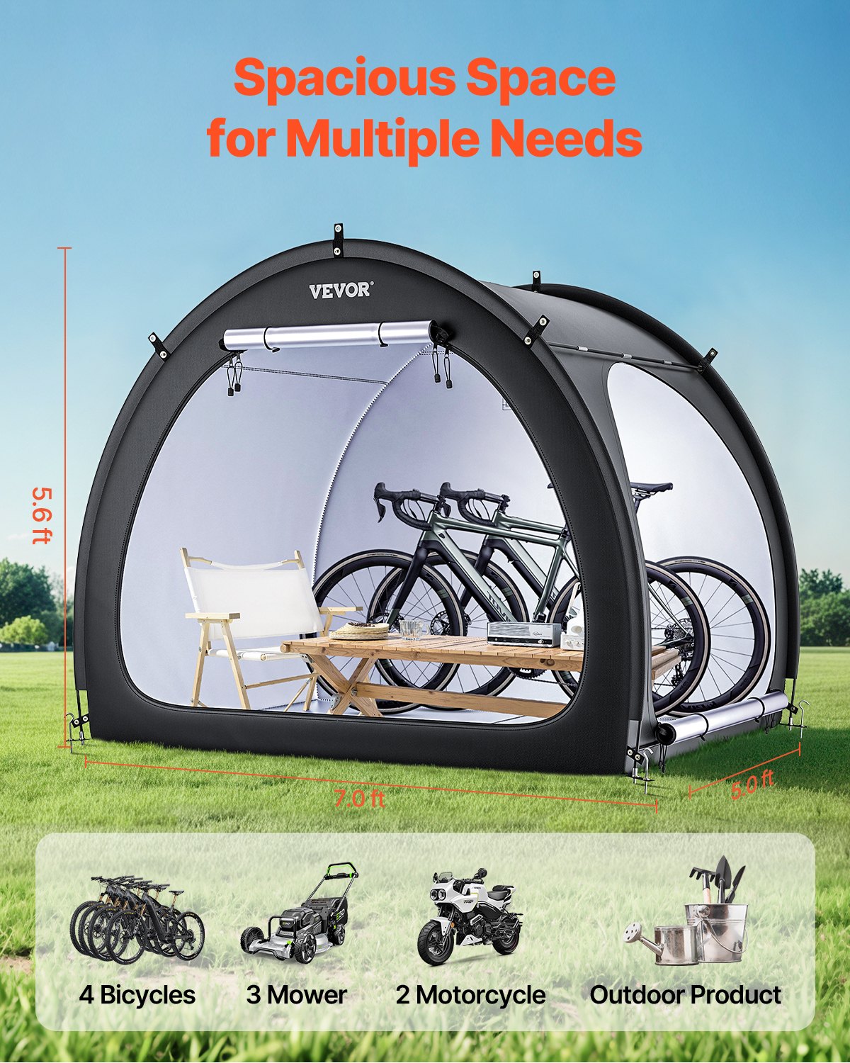 VEVOR Bike Storage Tent, 4 to 5 Bikes, Outdoor Spacious Bike Storage Tent with Ventilated Window, Waterproof Fan-Shaped Bike Tent with High Strength Fiberglass & Double Door, Fit for Bicycle
