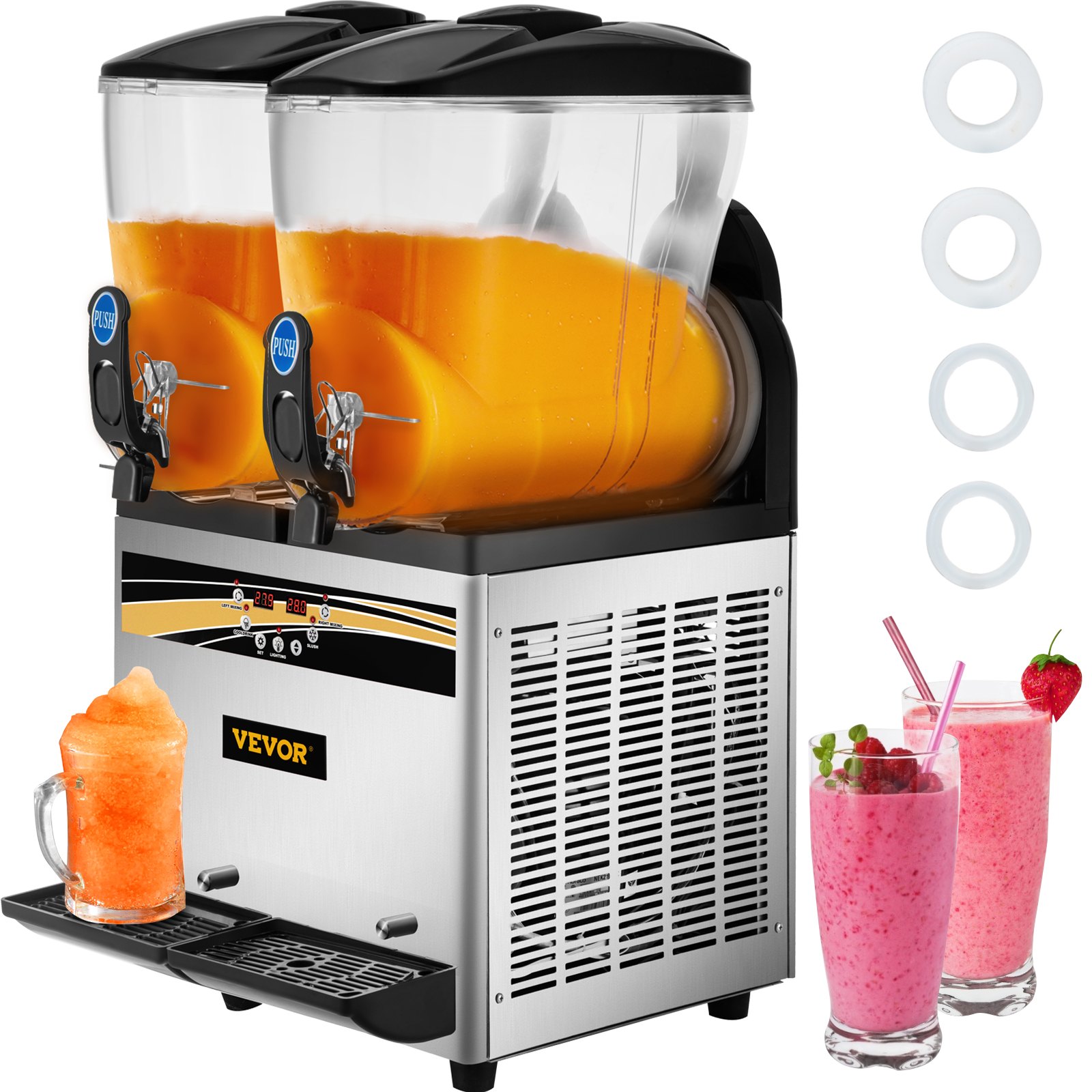 VEVOR Commercial Slushy Machine, 15Lx2 Double Tank Frozen Drink Machine, 120 Cups Stainless Steel Margarita Smoothie Frozen Drink Maker, Slushie Maker for Home Party Restaurants Cafe Bars