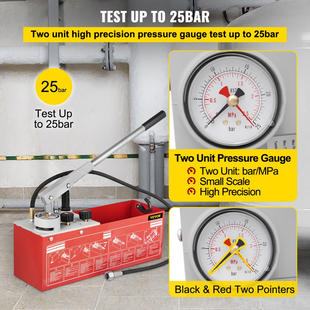 VEVOR hydrostatic pressure test pump with dual-unit gauge up to 25 bar.