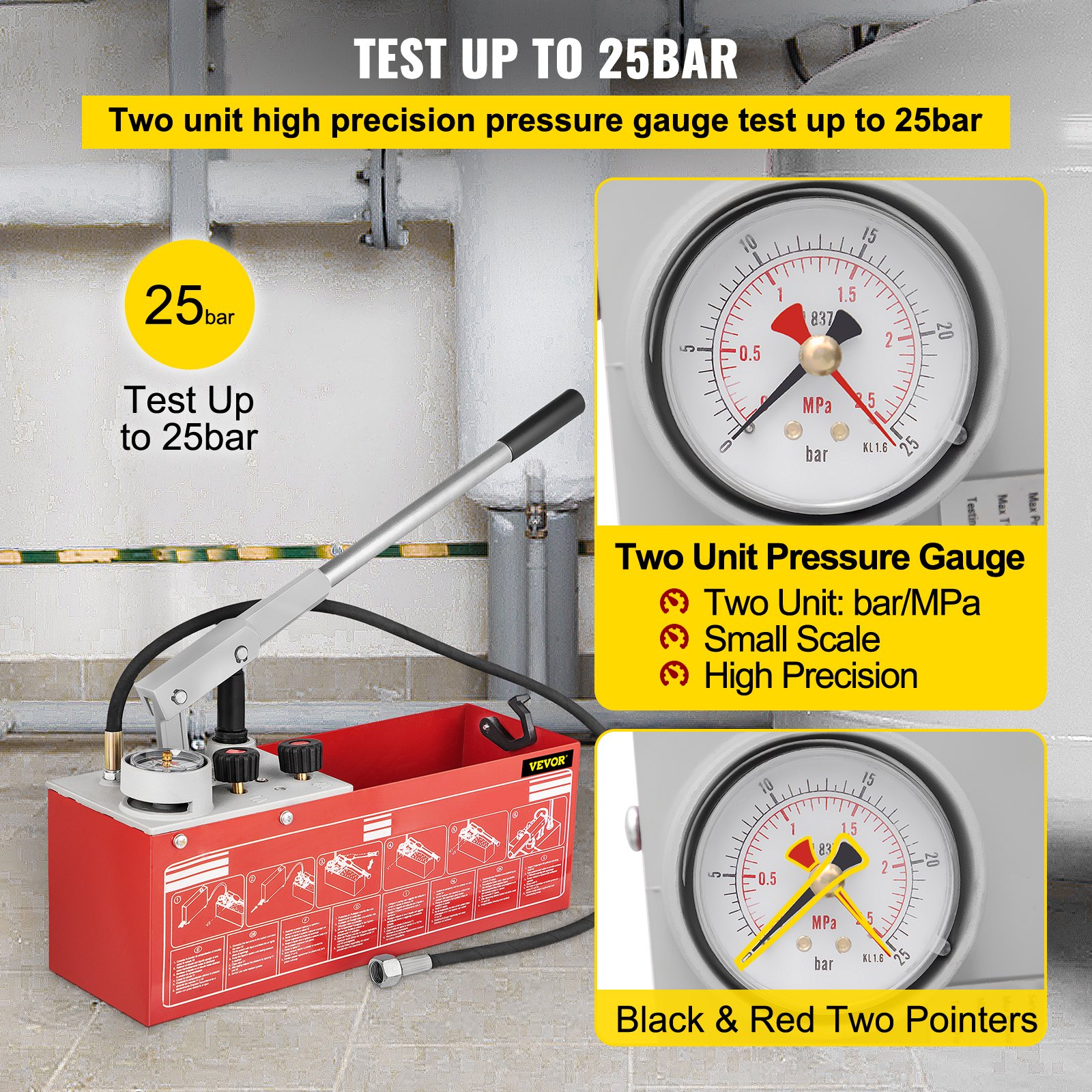VEVOR hydrostatic pressure test pump with dual-unit gauge up to 25 bar.