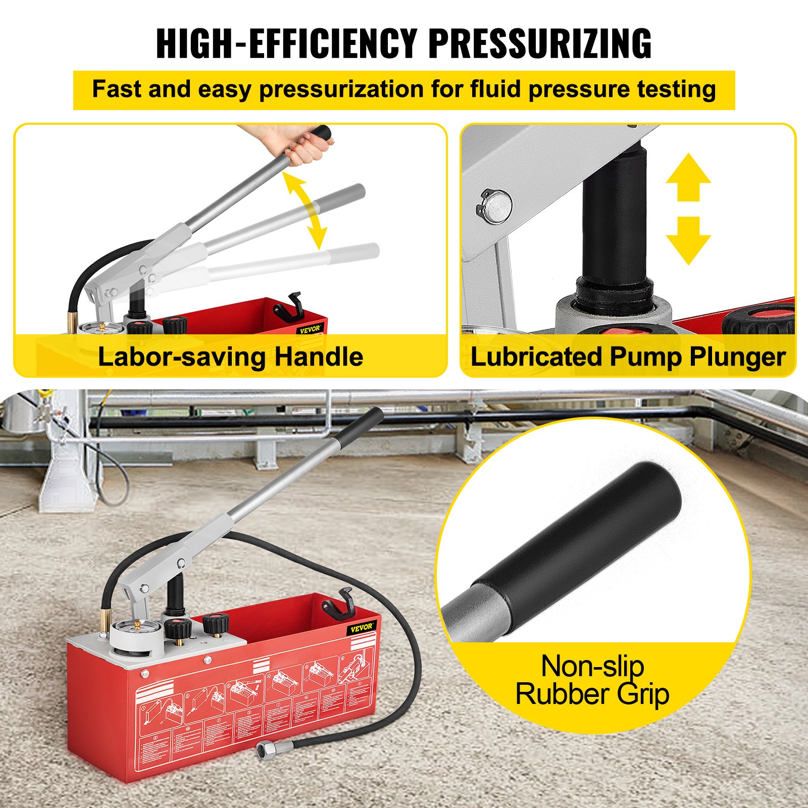 VEVOR hydrostatic pressure test pump with labor-saving handle and lubricated pump plunger.