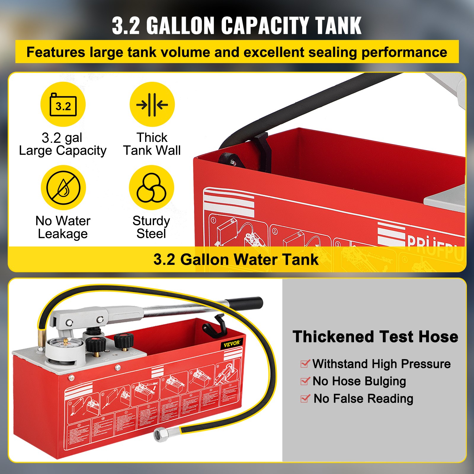 VEVOR hydrostatic pressure test pump with 3.2-gallon tank and thickened test hose.