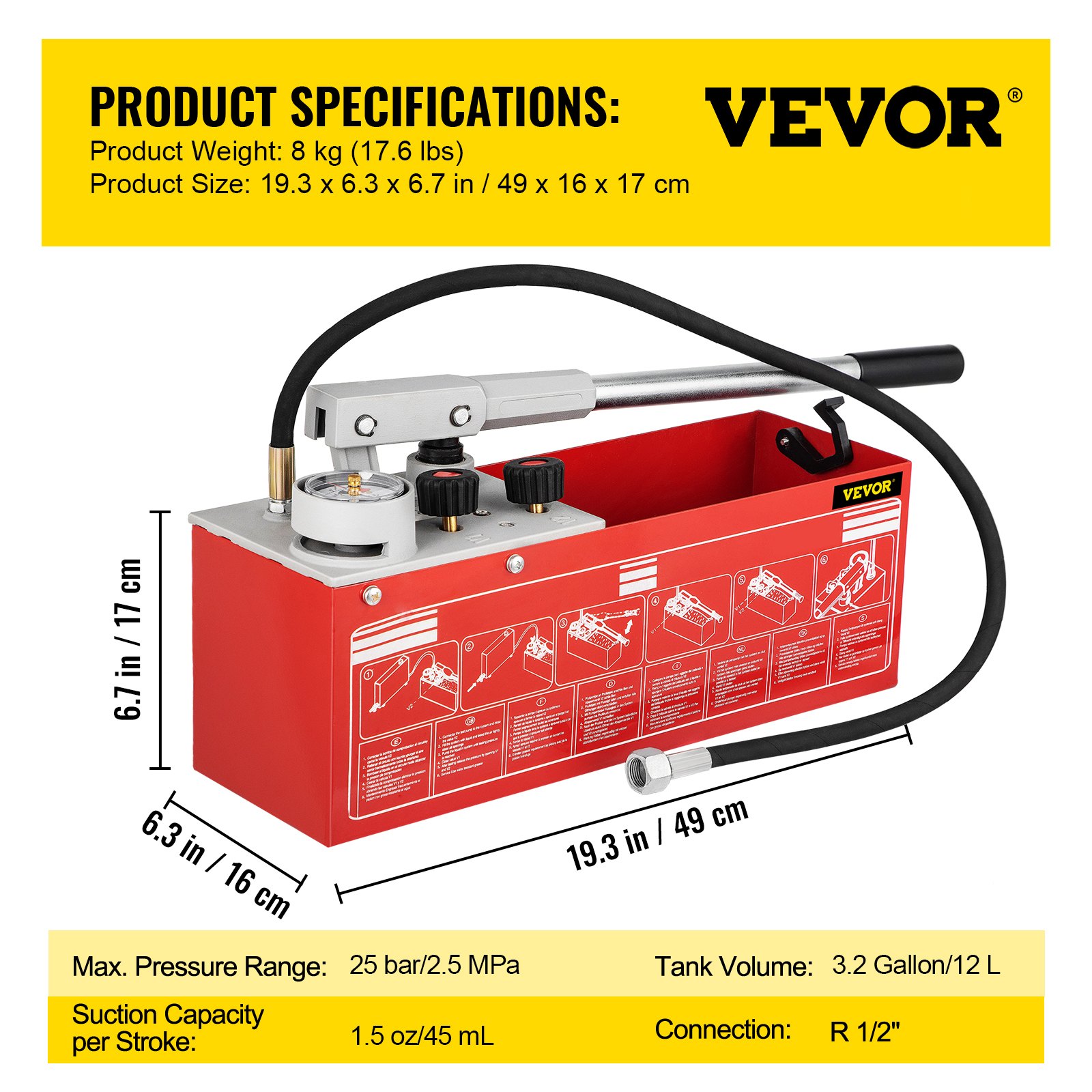 VEVOR hydrostatic pressure test pump, red with specs, 49x16x17 cm.