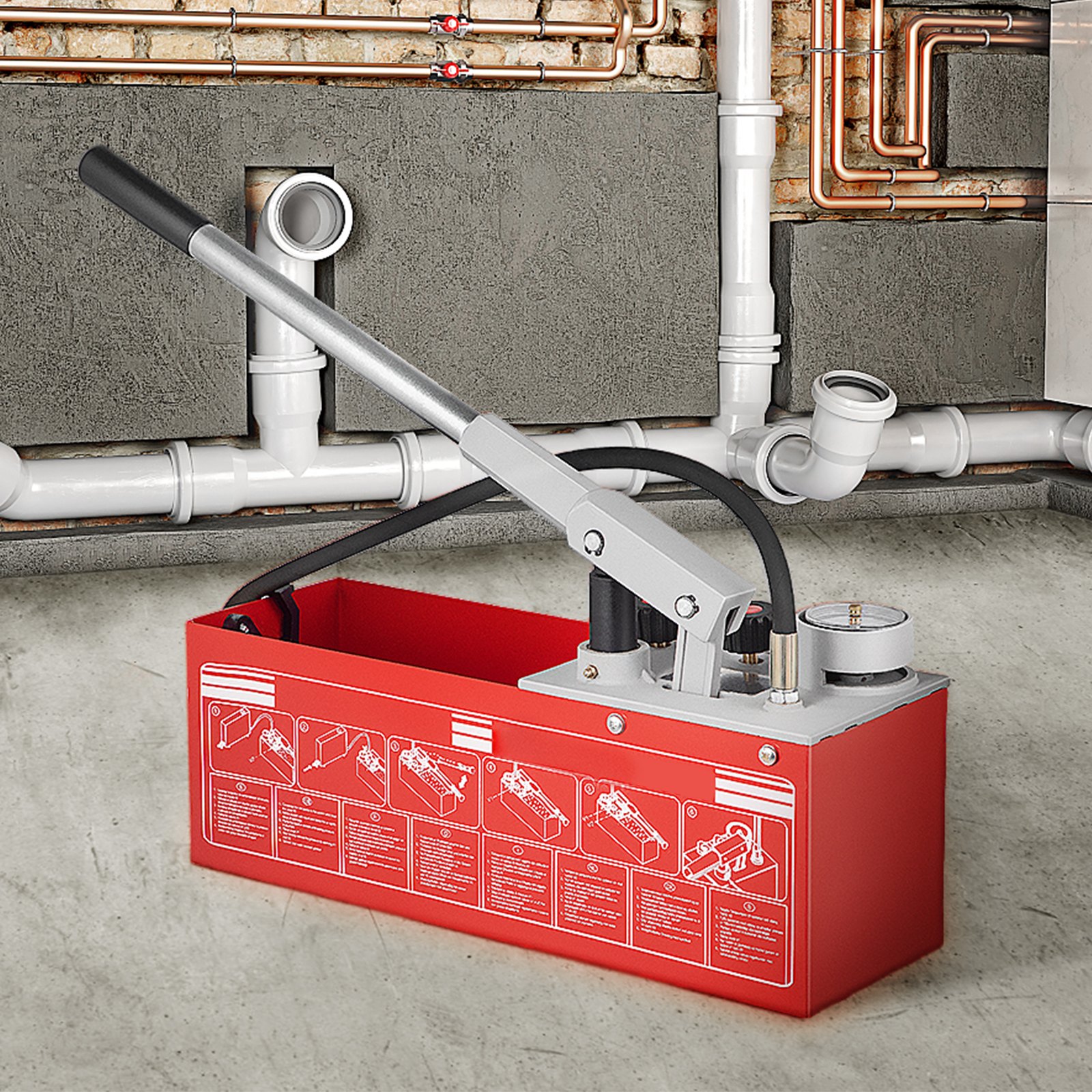 red VEVOR hydrostatic pressure test pump with pipes in industrial setting.