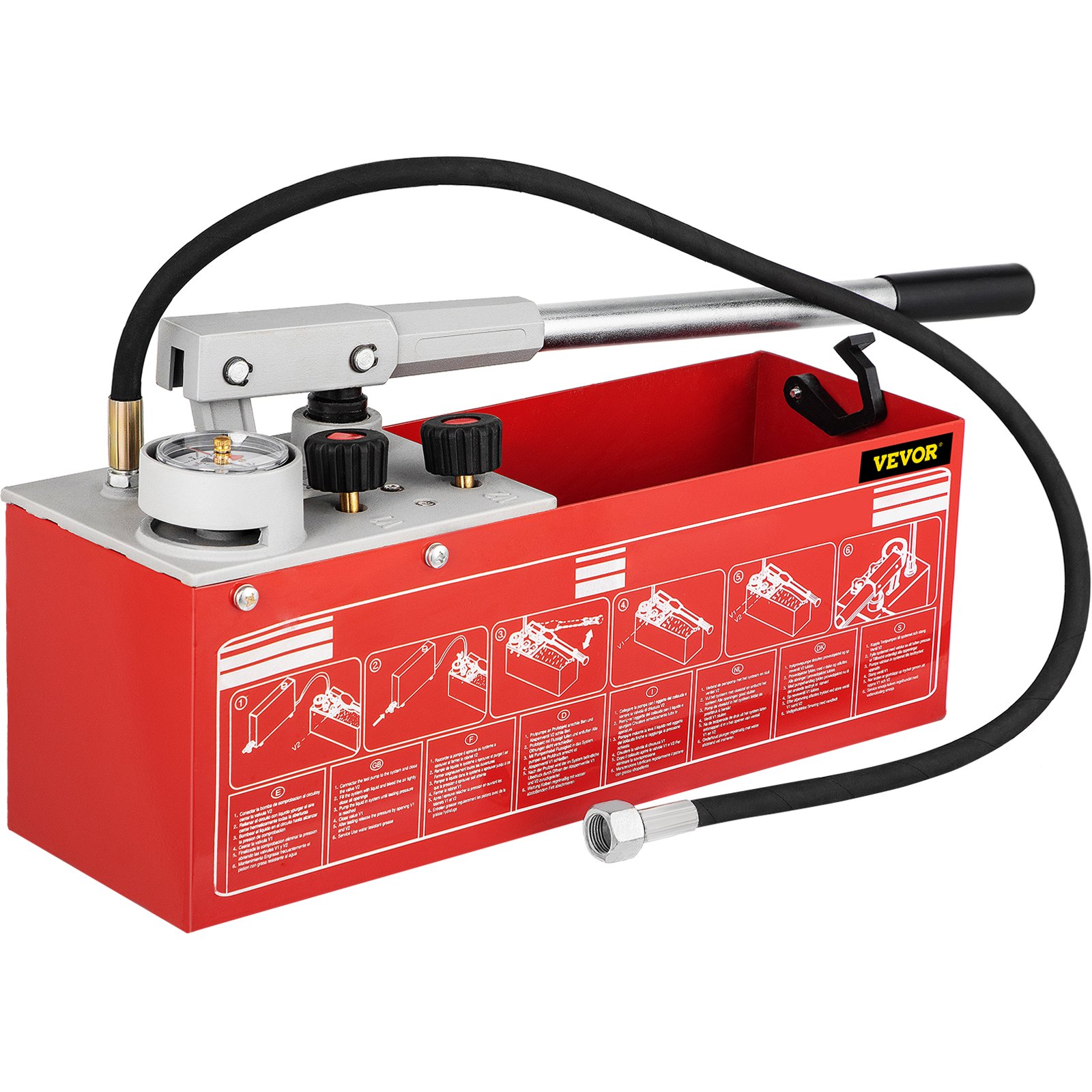 red VEVOR hydrostatic pressure test pump with gauge and black hose on top.