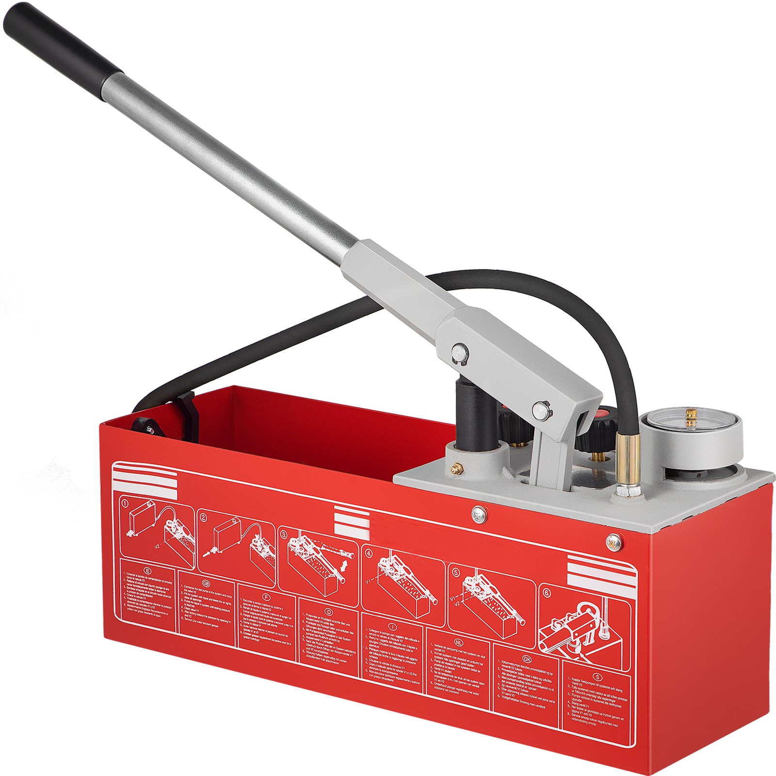 red VEVOR hydrostatic pressure test pump with gauge and operational diagrams.
