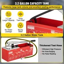 VEVOR Hydrostatic Pressure Test Pump, Test Up to 60 bar/860 psi, 3.2 Gallon Tank, Hydraulic Manual Water Pressure Tester Kit w/ Three-Unit Gauge & R 1/2" Connection for Pipeline Fluid Pressure Testing