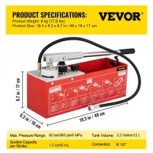 VEVOR Hydrostatic Pressure Test Pump, Test Up to 60 bar/860 psi, 3.2 Gallon Tank, Hydraulic Manual Water Pressure Tester Kit w/ Three-Unit Gauge & R 1/2" Connection for Pipeline Fluid Pressure Testing