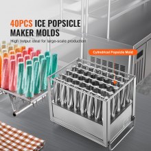 VEVOR Commercial Popsicle Moulds, 40PCS Cylindrical Ice Pop Moulds, Stainless Steel Ice Lolly Popsicle Moulds, Ice Cream Maker Mould Holder with 50PCS Popsicle Sticks & Bags (Single Mould Set - 40PCS)