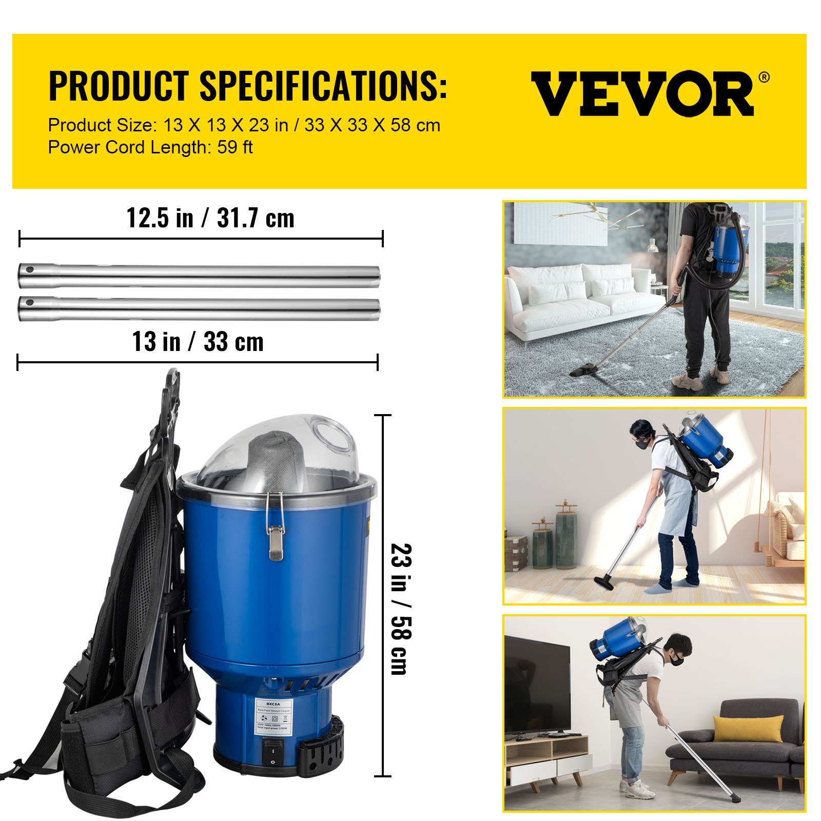 VEVOR Backpack Vacuum, 3.4 L Backpack Vacuum Cleaner, 5-IN-1 Lightweight Backpack Vacuum, HEPA Filtration Vacuum Backpack, Commercial Industrial Backpack Vacuum with Telescoping Wand, Tool Kit, Corded