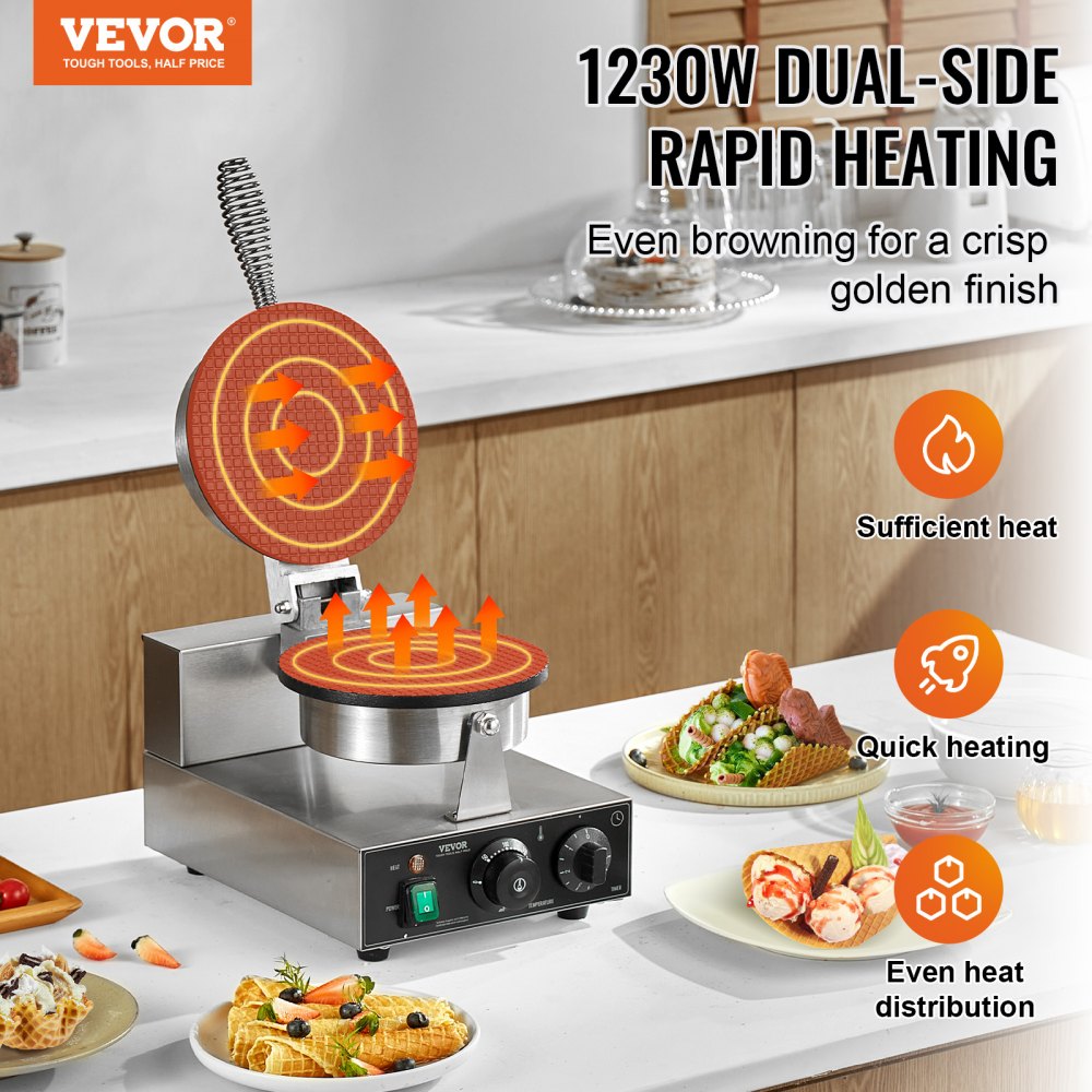 VEVOR Electric Ice Cream Cone Maker, Commercial 1230W Waffle Cone Machine, Non-Stick Stainless Steel Egg Roll Mold, with Temperature and Time Control, Handle, for Restaurant Bakery Snack Bar Family