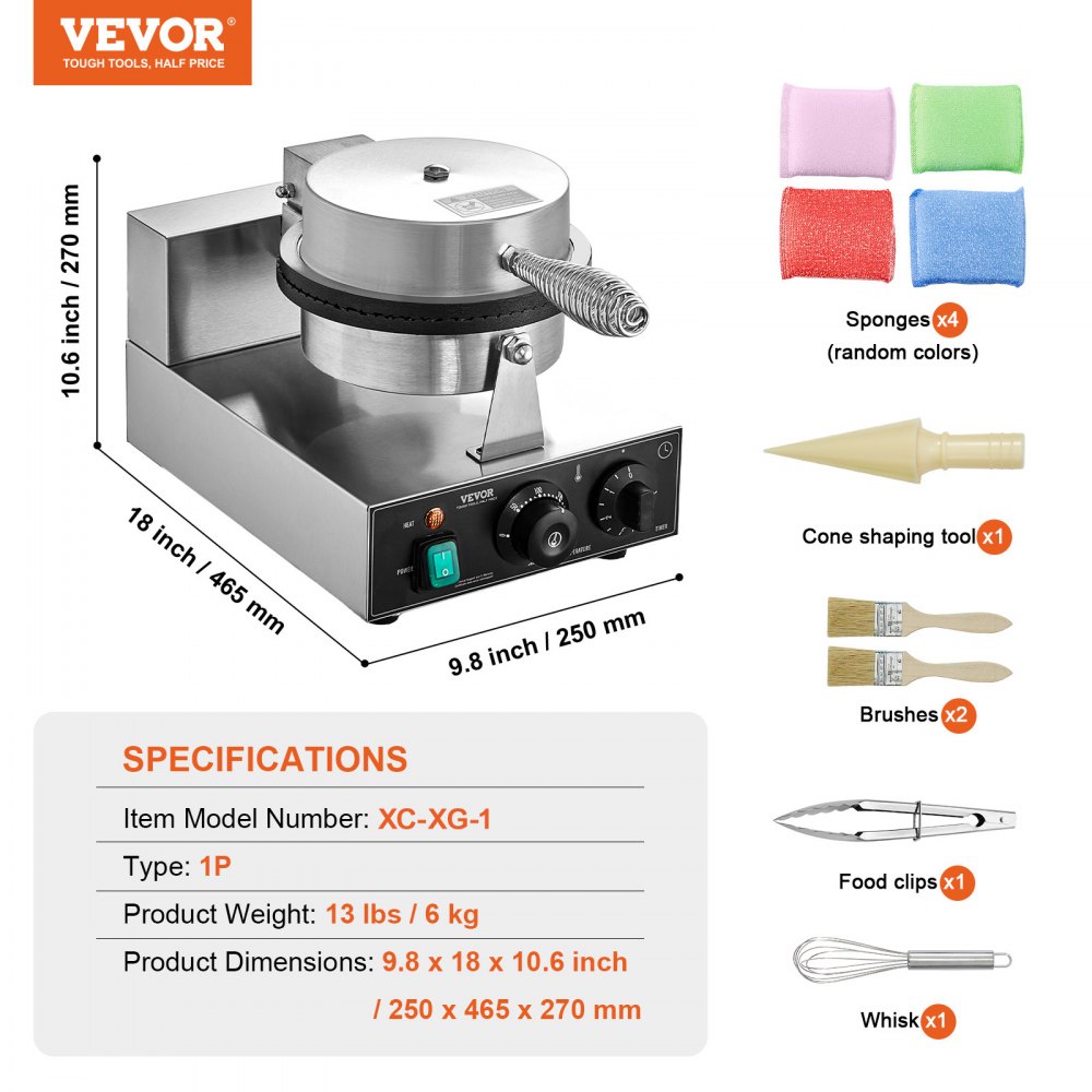 VEVOR Electric Ice Cream Cone Maker, Commercial 1230W Waffle Cone Machine, Non-Stick Stainless Steel Egg Roll Mold, with Temperature and Time Control, Handle, for Restaurant Bakery Snack Bar Family