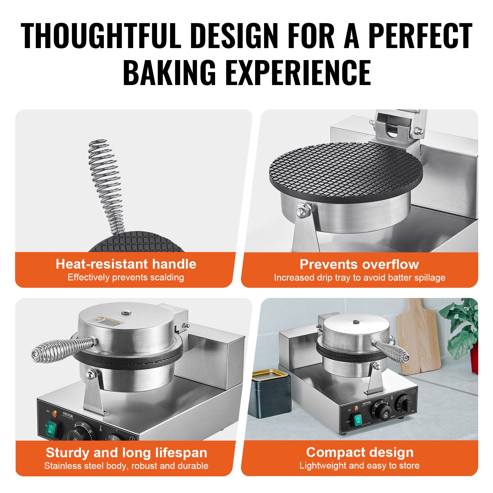 VEVOR Electric Ice Cream Cone Maker, Commercial 1230W Waffle Cone Machine, Non-Stick Stainless Steel Egg Roll Mold, with Temperature and Time Control, Handle, for Restaurant Bakery Snack Bar Family