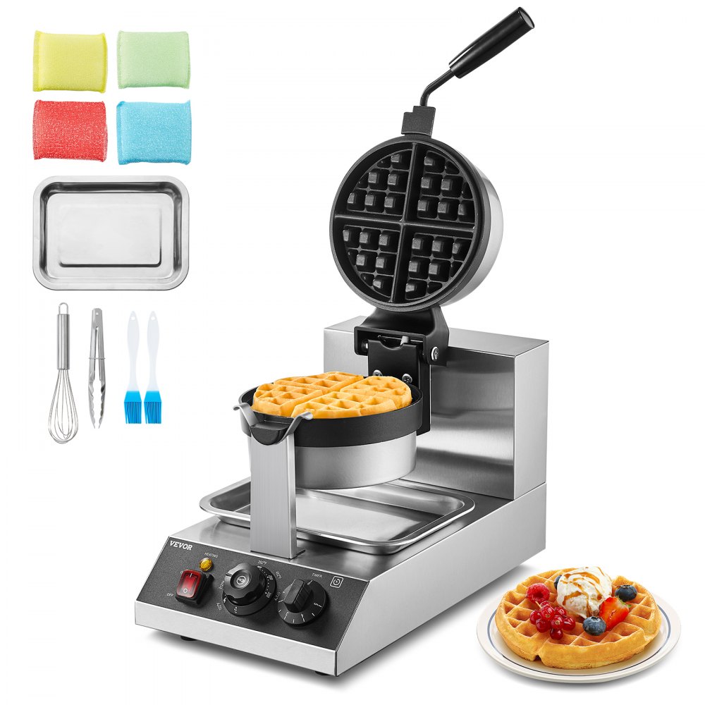 VEVOR Commercial Waffle Maker Round Waffle Iron Non-Stick 1300W Rotatable