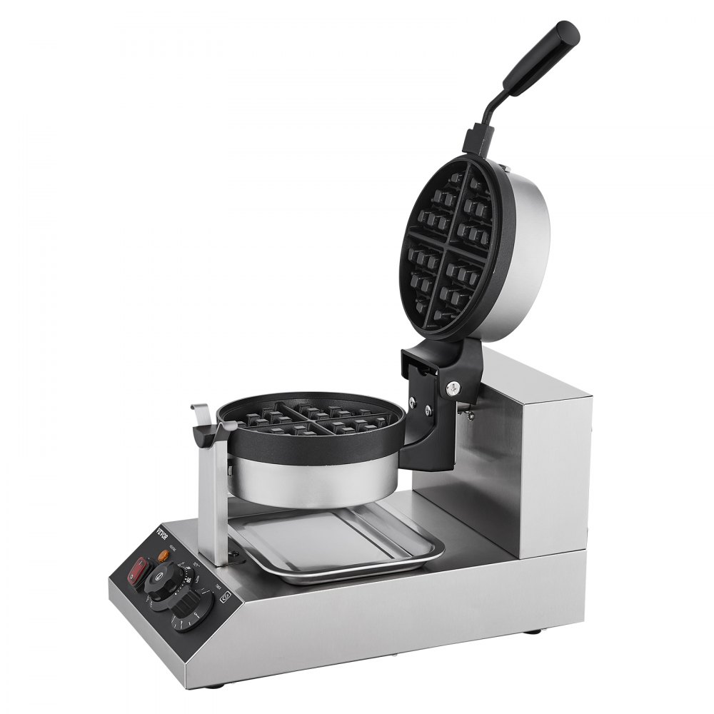 VEVOR Commercial Waffle Maker, 1300W Round Waffle Baker Machine, Non-Stick Stainless Steel Belgian Waffle Iron, Temperature and Time Control, 180° Rotatable, for Restaurant Bakery Snack Bar Family