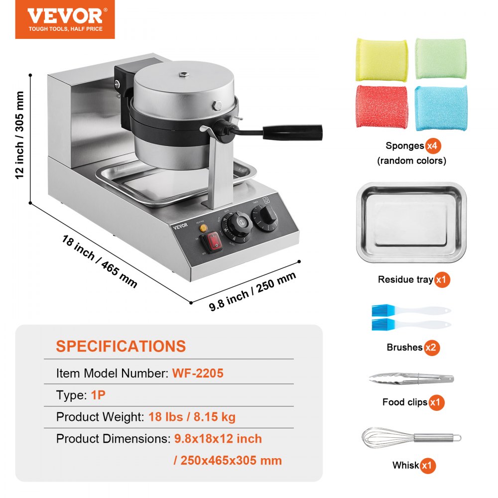 VEVOR Commercial Waffle Maker, 1300W Round Waffle Baker Machine, Non-Stick Stainless Steel Belgian Waffle Iron, Temperature and Time Control, 180° Rotatable, for Restaurant Bakery Snack Bar Family