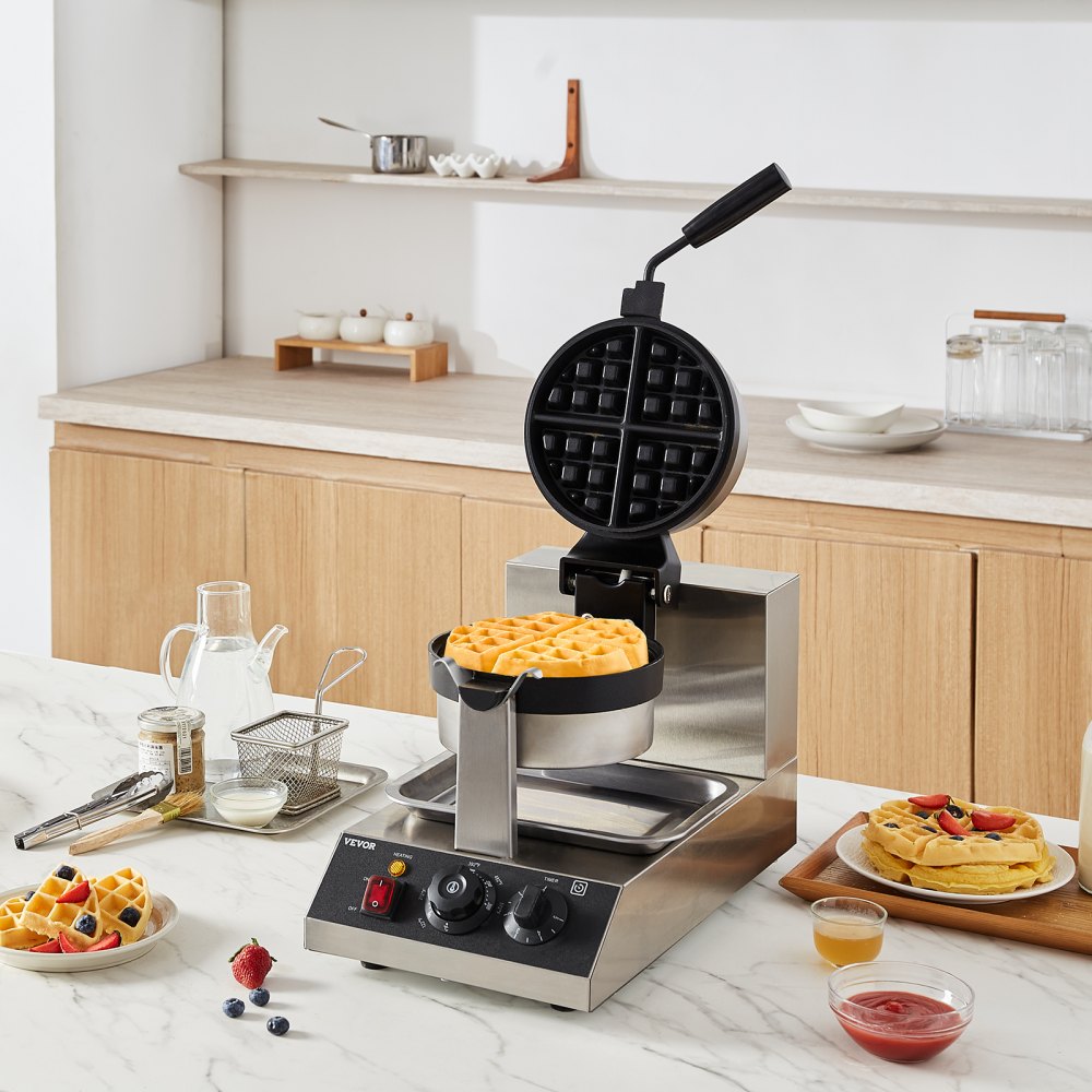 VEVOR Commercial Waffle Maker, 1300W Round Waffle Baker Machine, Non-Stick Stainless Steel Belgian Waffle Iron, Temperature and Time Control, 180° Rotatable, for Restaurant Bakery Snack Bar Family