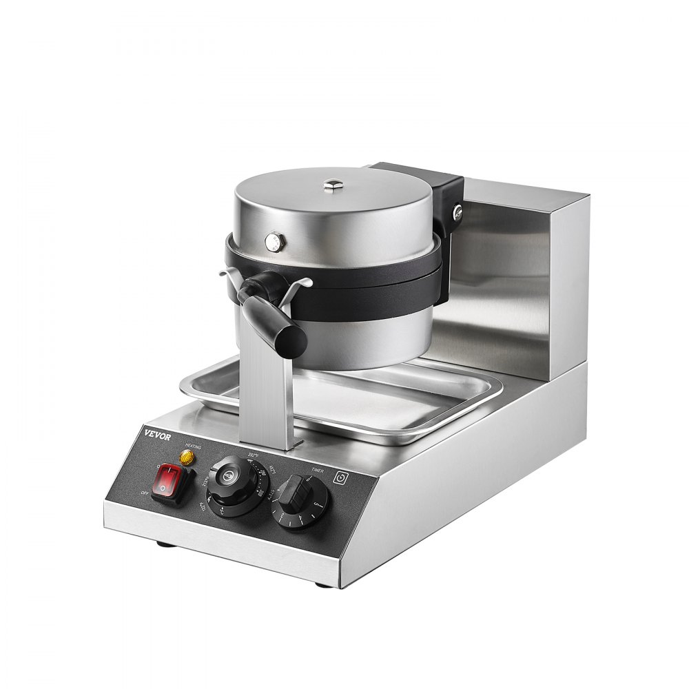 VEVOR Commercial Waffle Maker, 1300W Round Waffle Baker Machine, Non-Stick Stainless Steel Belgian Waffle Iron, Temperature and Time Control, 180° Rotatable, for Restaurant Bakery Snack Bar Family