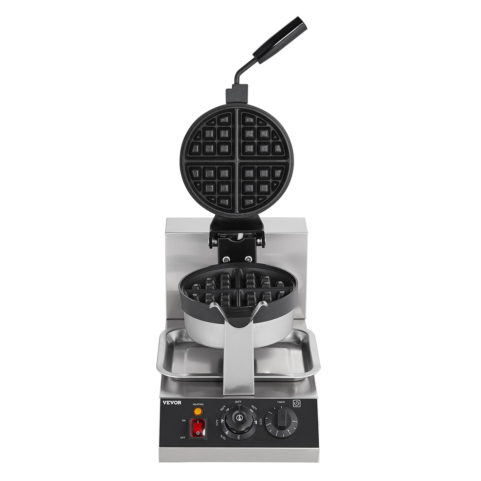 VEVOR Commercial Waffle Maker, 1300W Round Waffle Baker Machine, Non-Stick Stainless Steel Belgian Waffle Iron, Temperature and Time Control, 180° Rotatable, for Restaurant Bakery Snack Bar Family