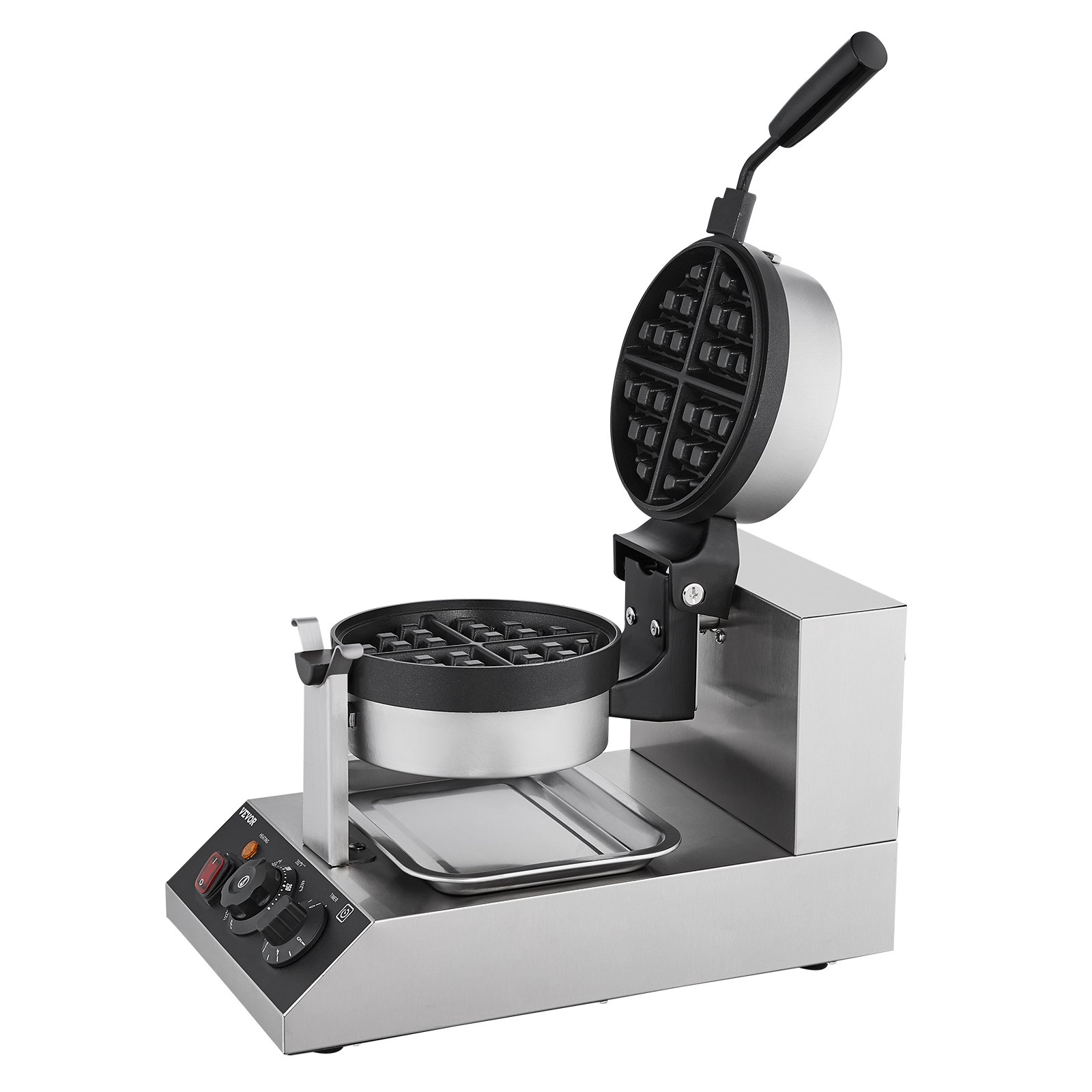 VEVOR Commercial Waffle Maker, 1300W Round Waffle Baker Machine, Non-Stick Stainless Steel Belgian Waffle Iron, Temperature and Time Control, 180° Rotatable, for Restaurant Bakery Snack Bar Family
