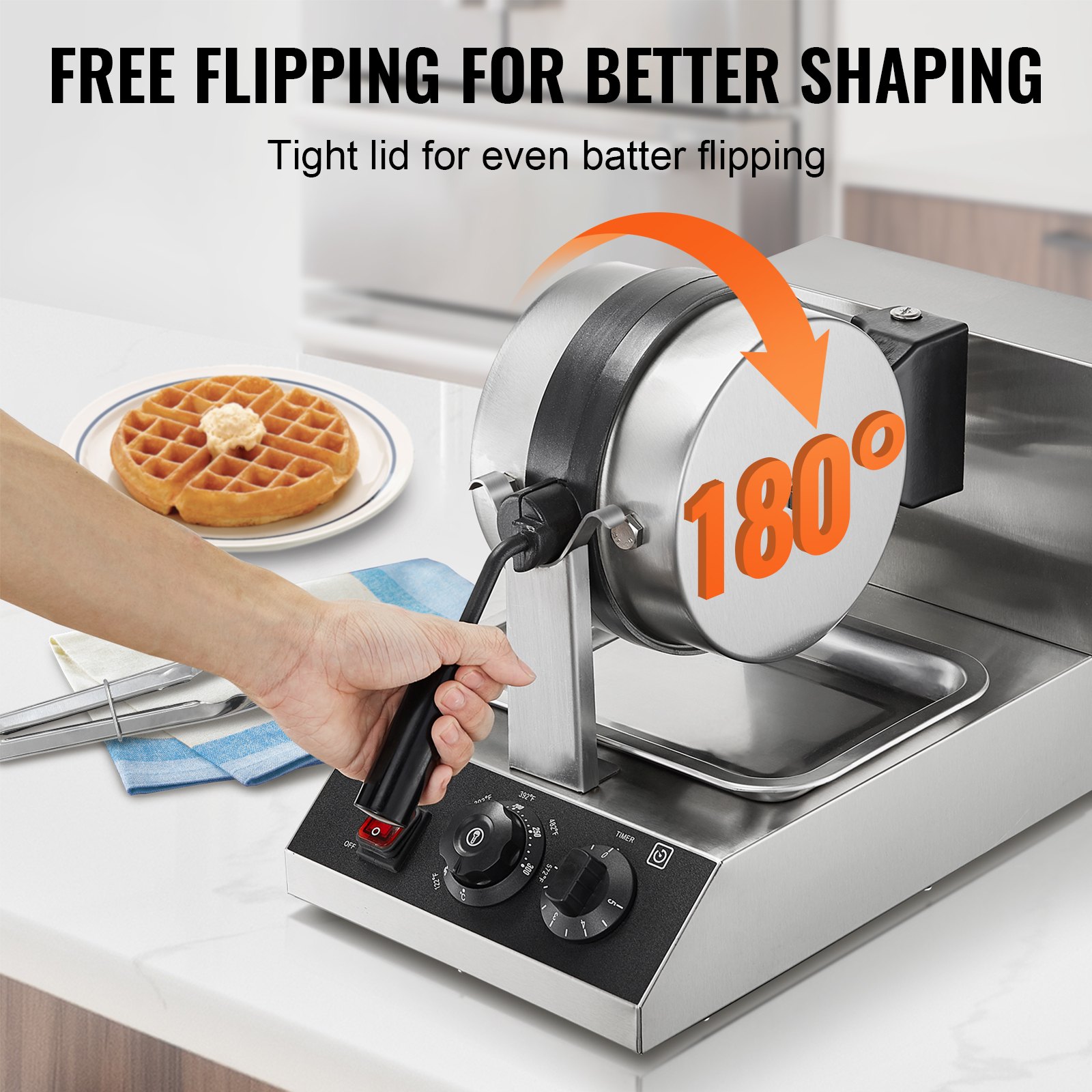VEVOR Commercial Waffle Maker, 1300W Round Waffle Baker Machine, Non-Stick Stainless Steel Belgian Waffle Iron, Temperature and Time Control, 180° Rotatable, for Restaurant Bakery Snack Bar Family