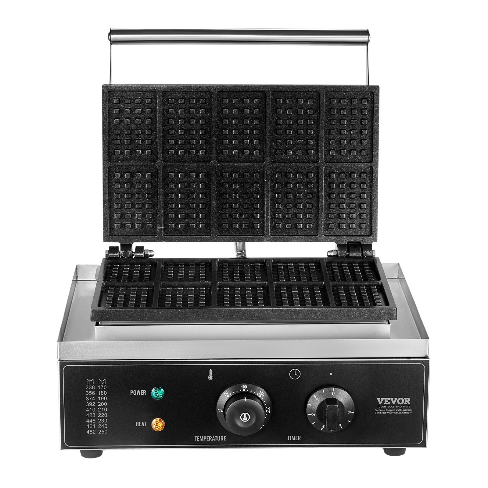 VEVOR Commercial Waffle Maker, 10PCS Rectangle Waffle Baker Machine, 1550W Non-Stick Stainless Steel Belgian Waffle Iron with Temp and Time Control, Handle, for Restaurant Bakery Snack Bar Family