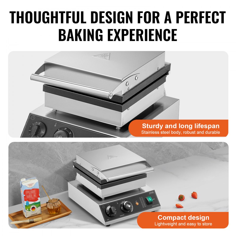 VEVOR Commercial Waffle Maker, 2PCS Rectangle Waffle Baker Machine, 2000W Non-Stick Stainless Steel Belgian Waffle Iron with Temp and Time Control, Handle, for Restaurant Bakery Snack Bar Family
