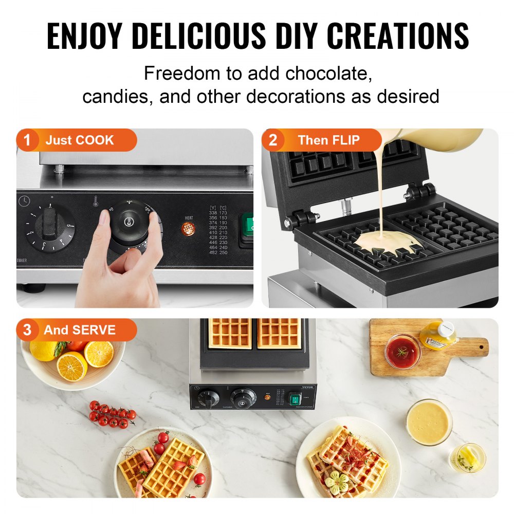 VEVOR Commercial Waffle Maker, 2PCS Rectangle Waffle Baker Machine, 2000W Non-Stick Stainless Steel Belgian Waffle Iron with Temp and Time Control, Handle, for Restaurant Bakery Snack Bar Family