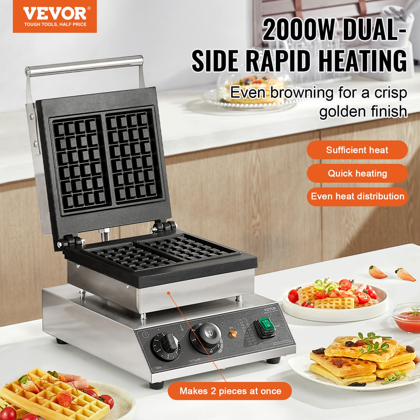 VEVOR Commercial Waffle Maker, 2PCS Rectangle Waffle Baker Machine, 2000W Non-Stick Stainless Steel Belgian Waffle Iron with Temp and Time Control, Handle, for Restaurant Bakery Snack Bar Family