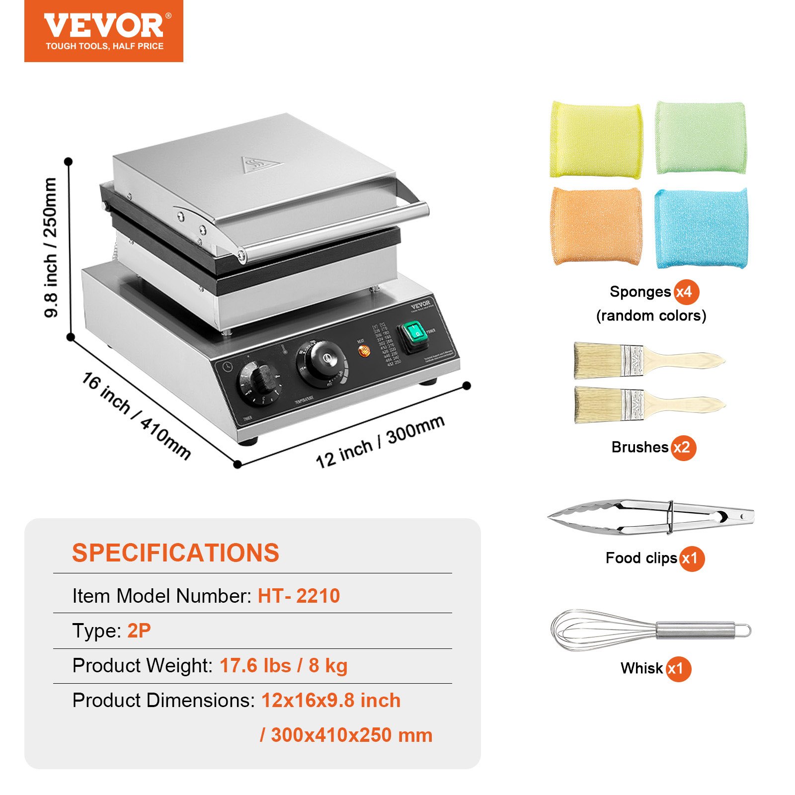 VEVOR Commercial Waffle Maker, 2PCS Rectangle Waffle Baker Machine, 2000W Non-Stick Stainless Steel Belgian Waffle Iron with Temp and Time Control, Handle, for Restaurant Bakery Snack Bar Family