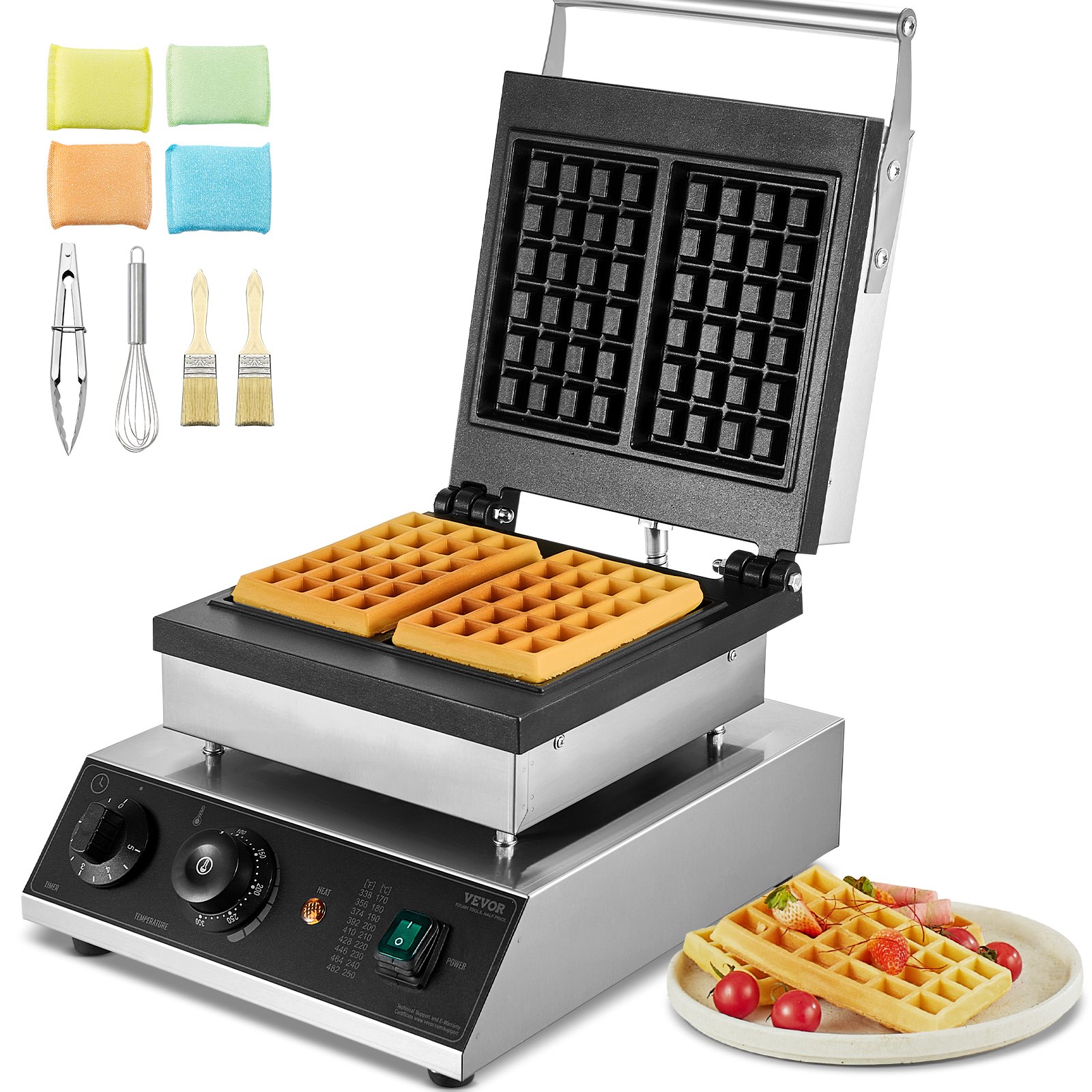 VEVOR Commercial Waffle Maker, 2PCS Rectangle Waffle Baker Machine, 2000W Non-Stick Stainless Steel Belgian Waffle Iron with Temp and Time Control, Handle, for Restaurant Bakery Snack Bar Family