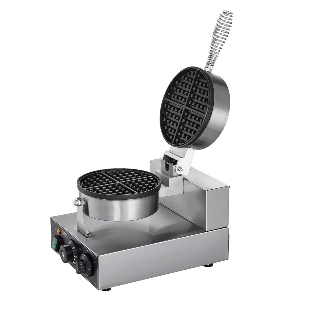 VEVOR Commercial Waffle Maker, 1230W Round Waffle Baker Machine, Non-Stick Stainless Steel Belgian Waffle Iron with Temperature and Time Control, Handle, for Restaurant Bakery Snack Bar Family