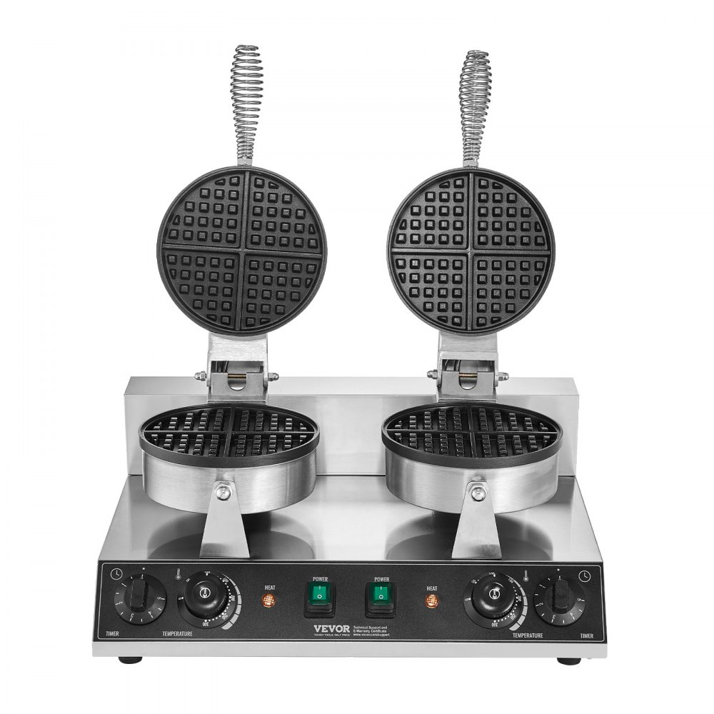 VEVOR Commercial Waffle Maker, Dual-Head Round Waffle Baker Machine, 2460W Non-Stick Stainless Steel Belgian Waffle Iron with Temp and Time Control, Handle, for Restaurant Bakery Snack Bar Family