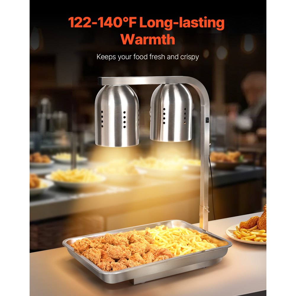 VEVOR Food Heat Lamp, 500W Bulbs, Commercial Food Warmer Light, Electric Stainless Steel French Fry Heating Lamp, Free-standing, Catering Food Warming Equipment for Kitchen Buffet Restaurant, Silver