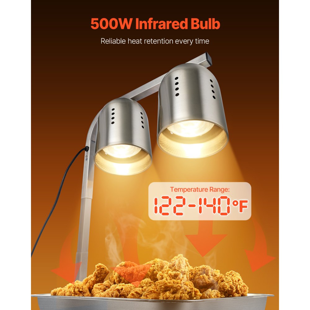 VEVOR Food Heat Lamp, 500W Bulbs, Commercial Food Warmer Light, Electric Stainless Steel French Fry Heating Lamp, Free-standing, Catering Food Warming Equipment for Kitchen Buffet Restaurant, Silver
