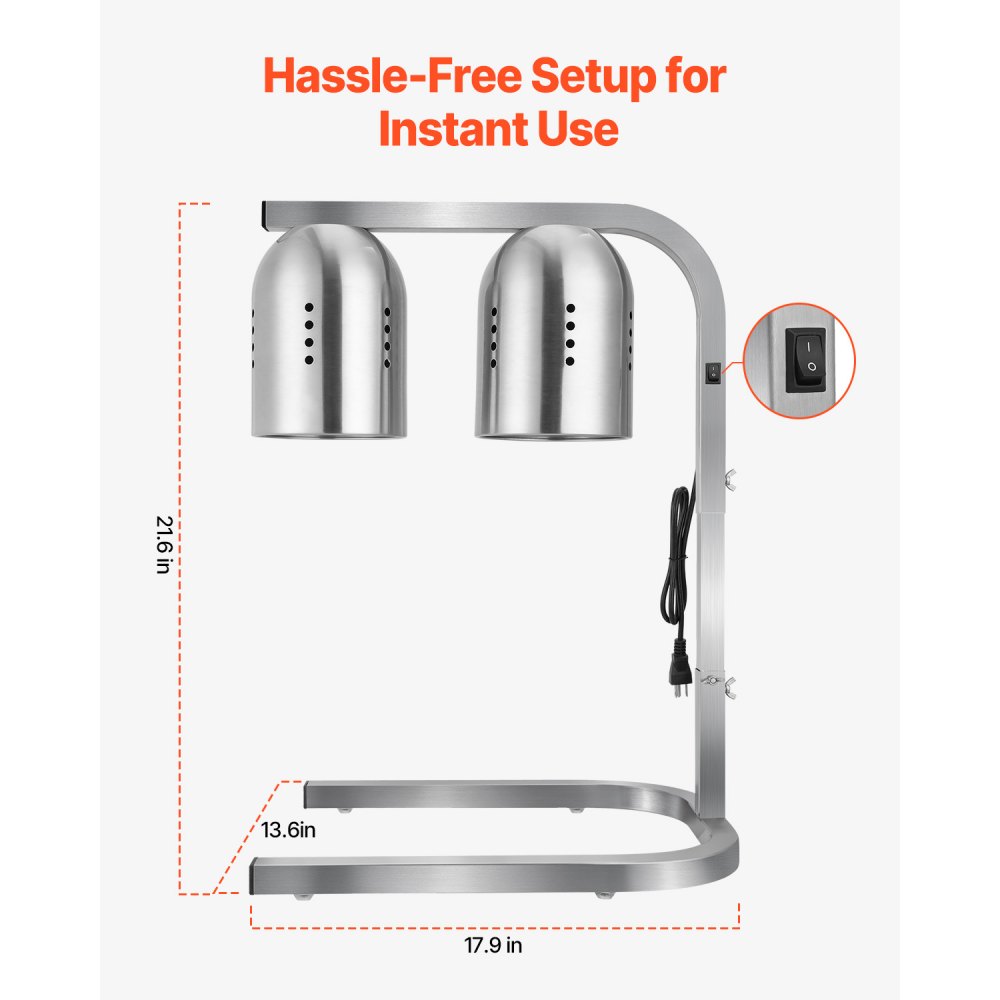VEVOR Food Heat Lamp, 500W Bulbs, Commercial Food Warmer Light, Electric Stainless Steel French Fry Heating Lamp, Free-standing, Catering Food Warming Equipment for Kitchen Buffet Restaurant, Silver
