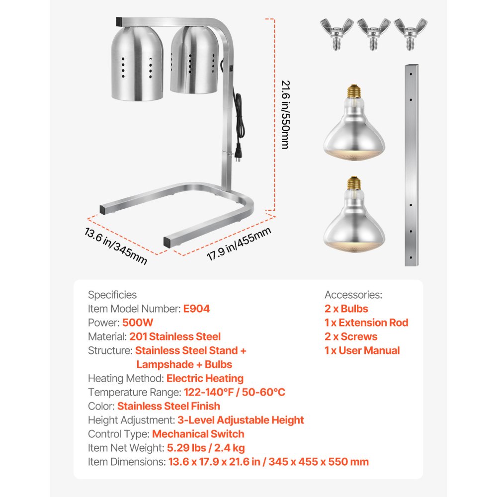 VEVOR Food Heat Lamp, 500W Bulbs, Commercial Food Warmer Light, Electric Stainless Steel French Fry Heating Lamp, Free-standing, Catering Food Warming Equipment for Kitchen Buffet Restaurant, Silver