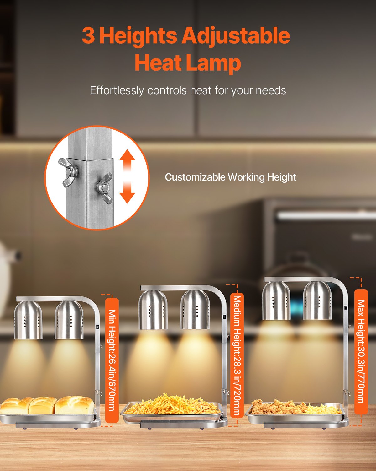 VEVOR Food Heat Lamp, 500W Bulbs, Commercial Food Warmer Light, Electric Stainless Steel French Fry Heating Lamp, Free-standing, Catering Food Warming Equipment for Kitchen Buffet Restaurant, Silver