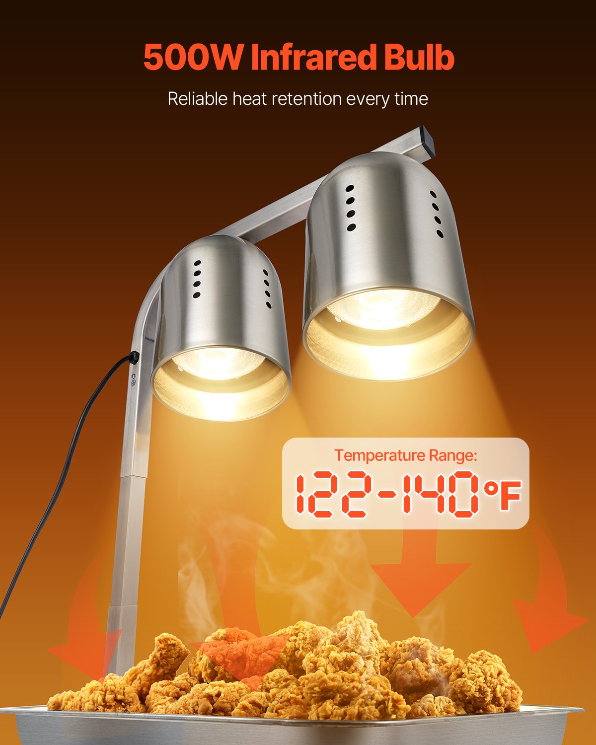 VEVOR Food Heat Lamp, 500W Bulbs, Commercial Food Warmer Light, Electric Stainless Steel French Fry Heating Lamp, Free-standing, Catering Food Warming Equipment for Kitchen Buffet Restaurant, Silver