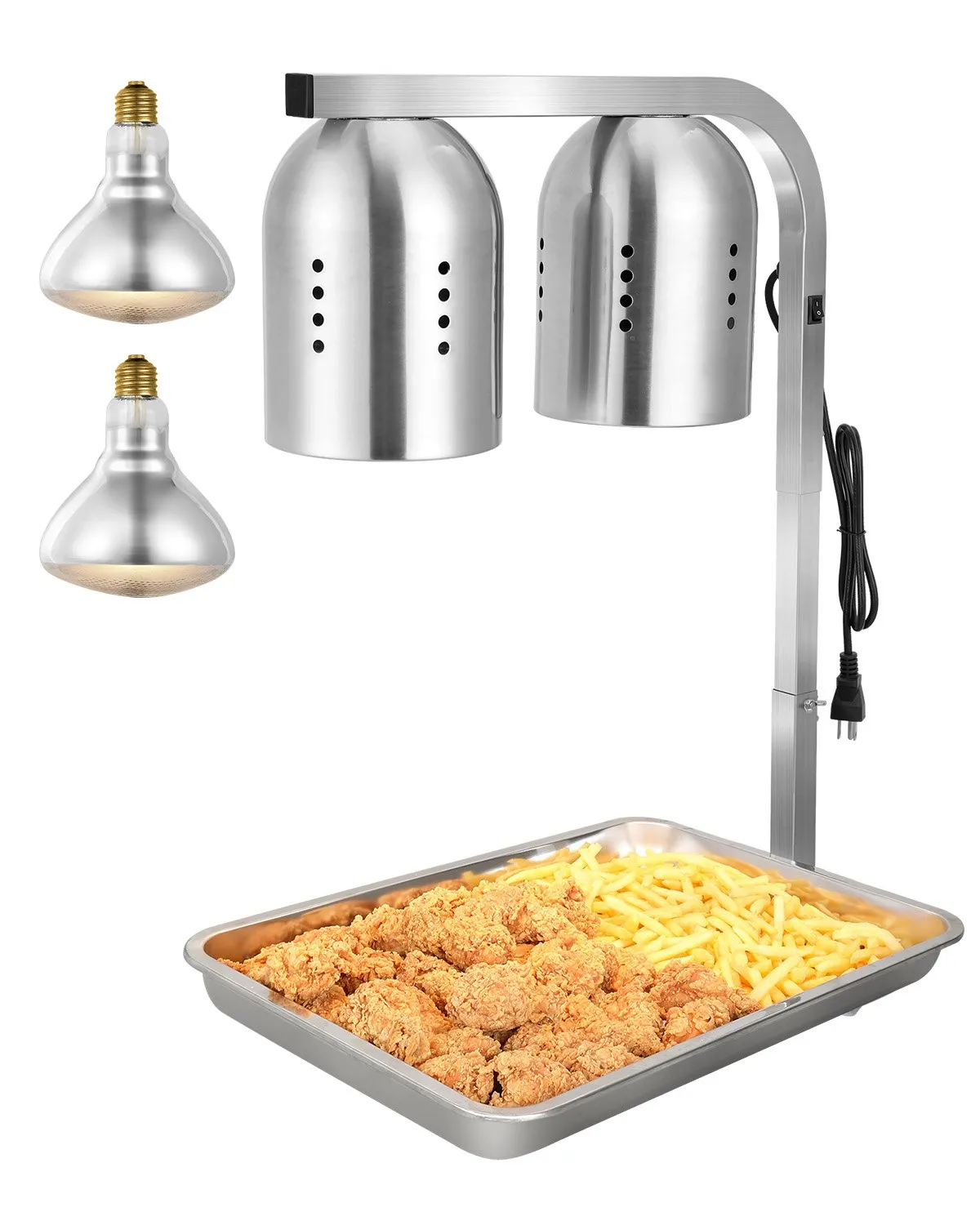 VEVOR Food Heat Lamp, 500W Bulbs, Commercial Food Warmer Light, Electric Stainless Steel French Fry Heating Lamp, Free-standing, Catering Food Warming Equipment for Kitchen Buffet Restaurant, Silver
