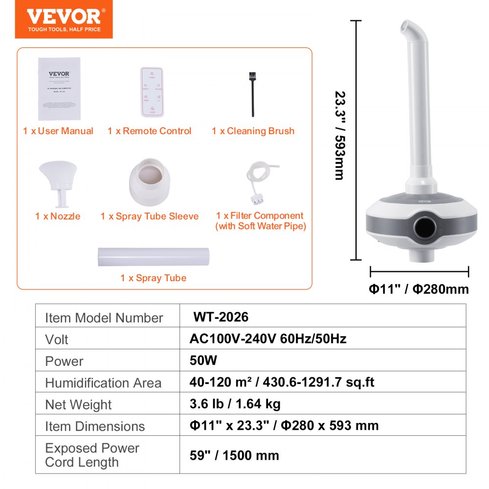 VEVOR Humidifier for Large Room 1291.7 sq ft, Industrial Commercial Humidifier 560ml/h Output, Auto Shut-Off Ultrasonic Cool Mist Humidifiers for Home Greenhouse Indoor Planting Warehouse Office