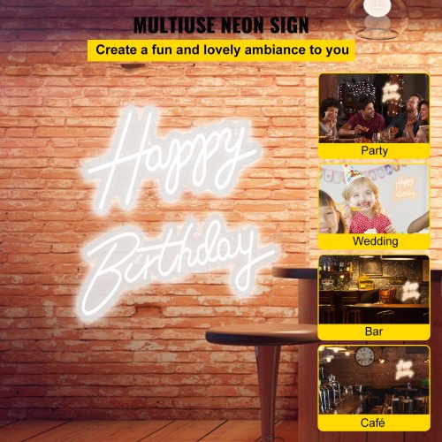 VEVOR Happy Birthday Neon Sign, 16.5" x 8" + 23" x 8" LED Neon Lights Signs, Adjustable Brightness w/ Remote Control and Power Adapter, Reusable for Party, Club, Celebration and Decoration White