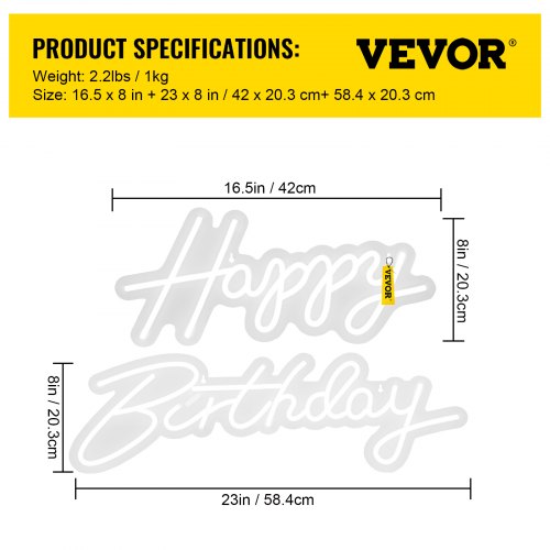 VEVOR Happy Birthday Neon Sign, 16.5" x 8" + 23" x 8" LED Neon Lights Signs, Adjustable Brightness w/ Remote Control and Power Adapter, Reusable for Party, Club, Celebration and Decoration White