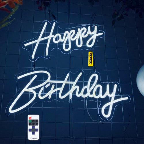 VEVOR Happy Birthday Neon Sign, 16.5" x 8" + 23" x 8" LED Neon Lights Signs, Adjustable Brightness w/ Remote Control and Power Adapter, Reusable for Party, Club, Celebration and Decoration White