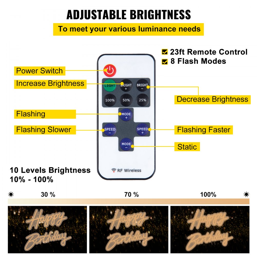 VEVOR Happy Birthday Neon Sign, 18" x 8" & 26" x 7.5" LED Neon Lights Signs, Adjustable Brightness with Dimmer Switch and Power Adapter, Reusable for Party, Club, Celebration and Decoration Warm W